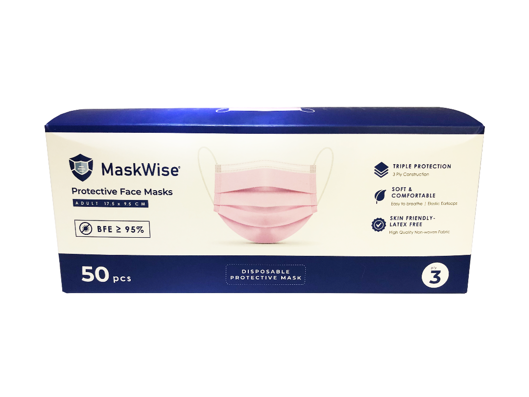 MaskWise Pink Disposable Protective 3Ply Face Masks - Box of 50 - Senior.com Surgical Style Masks
